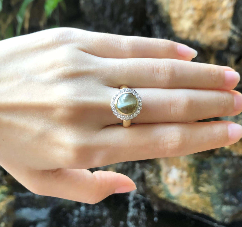 JR0028O - Chrysoberyl Cat's Eye with Diamond Ring Set in 18 Karat Gold