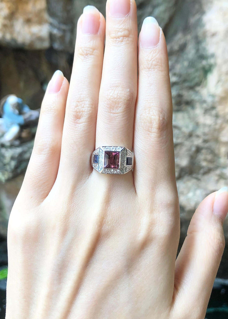 SJ3243 - Pink Tourmaline, Blue Sapphire and Diamond Ring in 18 Karat White Gold Settings