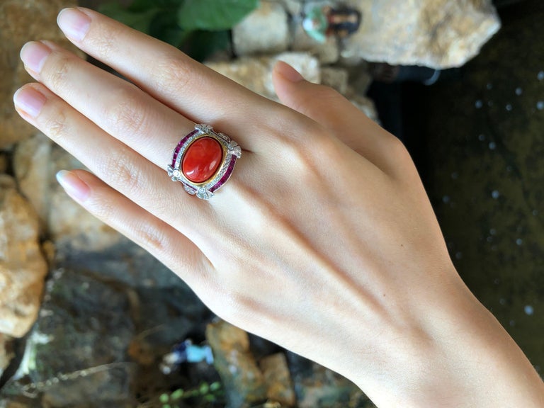 SJ1695 - Coral with Ruby and Diamond Ring Set in 18 Karat White Gold Settings