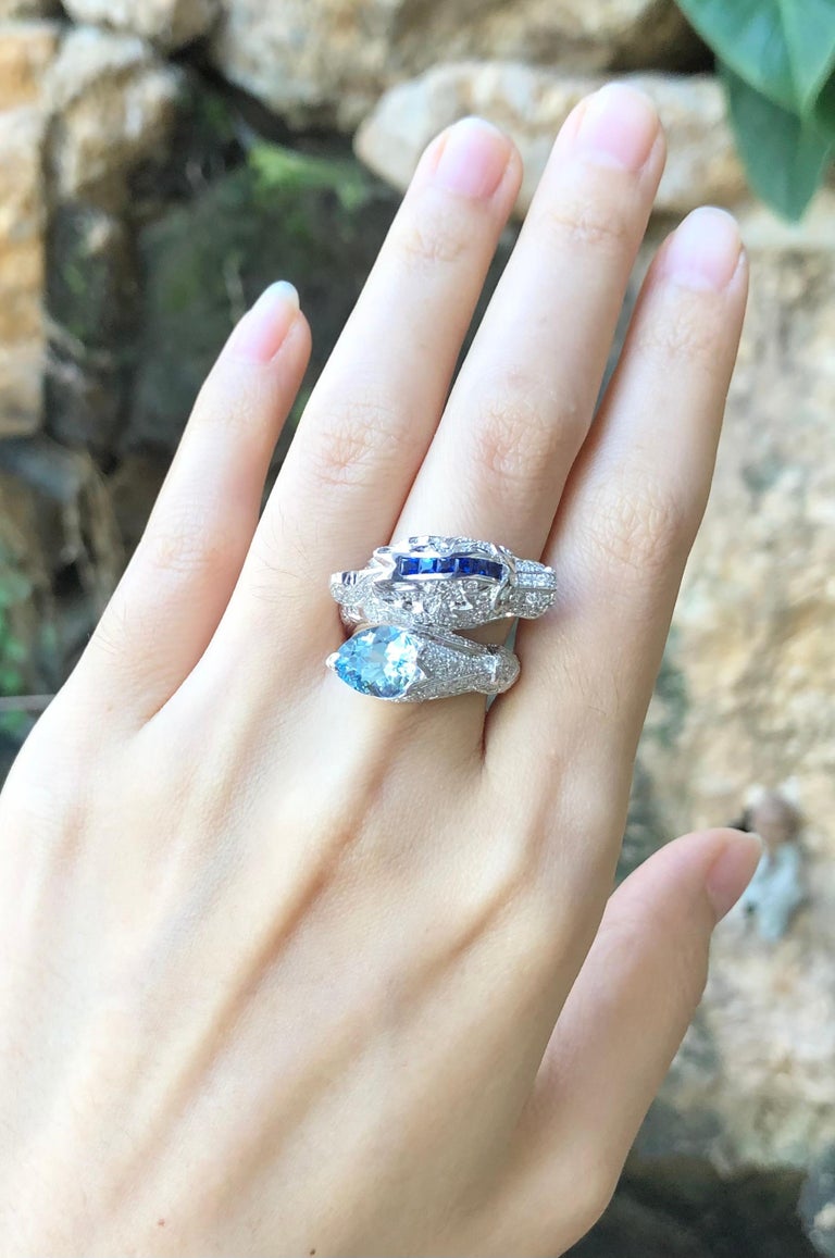SJ1166 - Aquamarine, Blue Sapphire and Diamond Dragon Ring in 18 Karat White Gold