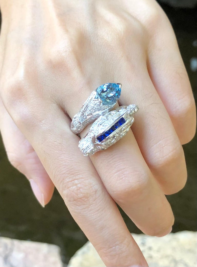 SJ1166 - Aquamarine, Blue Sapphire and Diamond Dragon Ring in 18 Karat White Gold