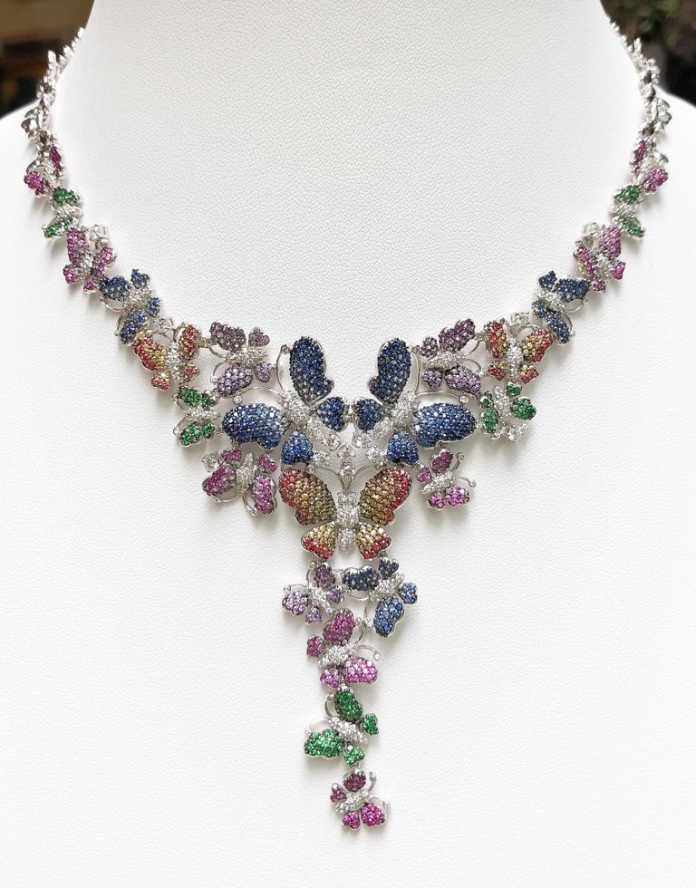 SJ1650 - Sapphires, Ruby, Tsavorite and Diamond Butterfly Necklace in 18k White Gold