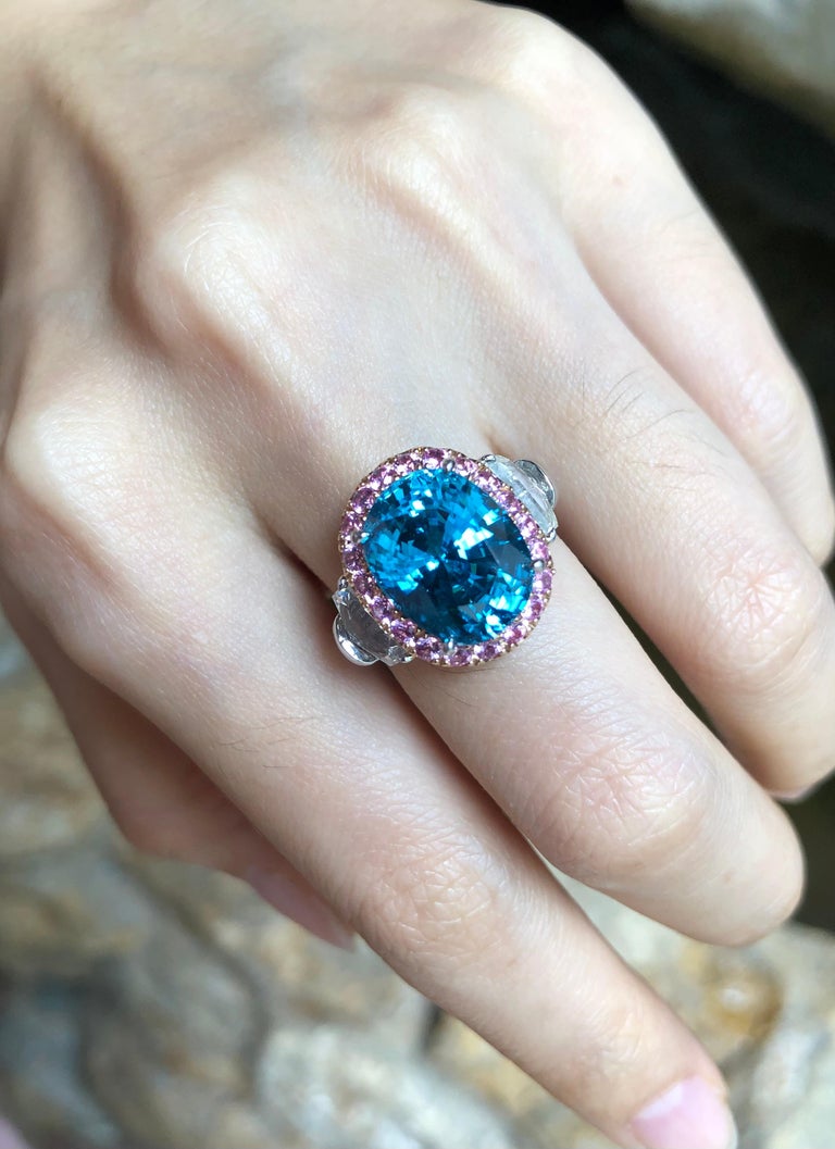 SJ1449 - Blue Zircon with Pink Sapphire, White Sapphire Ring set in 18 Karat White Gold
