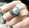 SJ2756 - South Sea Pearl with Tsavorite and Cabochon Ruby Frog Ring Set in 18K White Gold