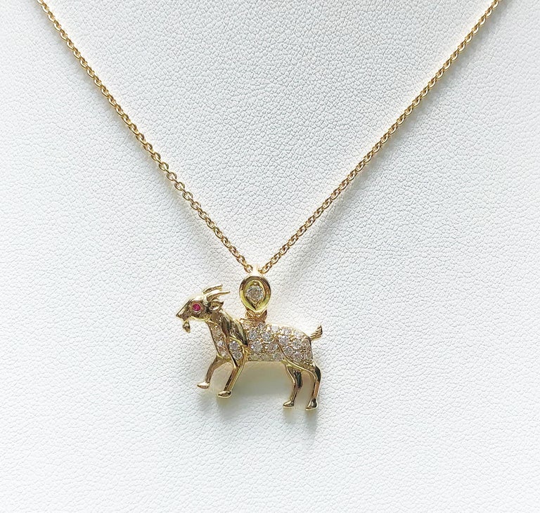 SJ6189 - Brown Diamond with Ruby Goat Chinese Zodiac Pendant Set in 18 Karat Gold