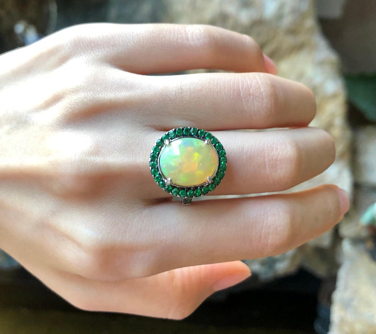 SJ1352 - Opal 3.84 Carats with Tsavorite 0.96 Carat Ring Set in 18 Karat White Gold Setti