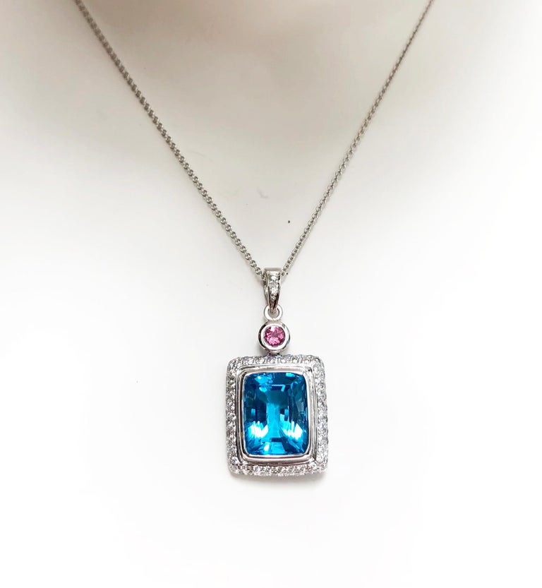 SJ2805 - Blue Topaz with Pink Tourmaline and Diamond Pendant Set in 18 Karat White Gold