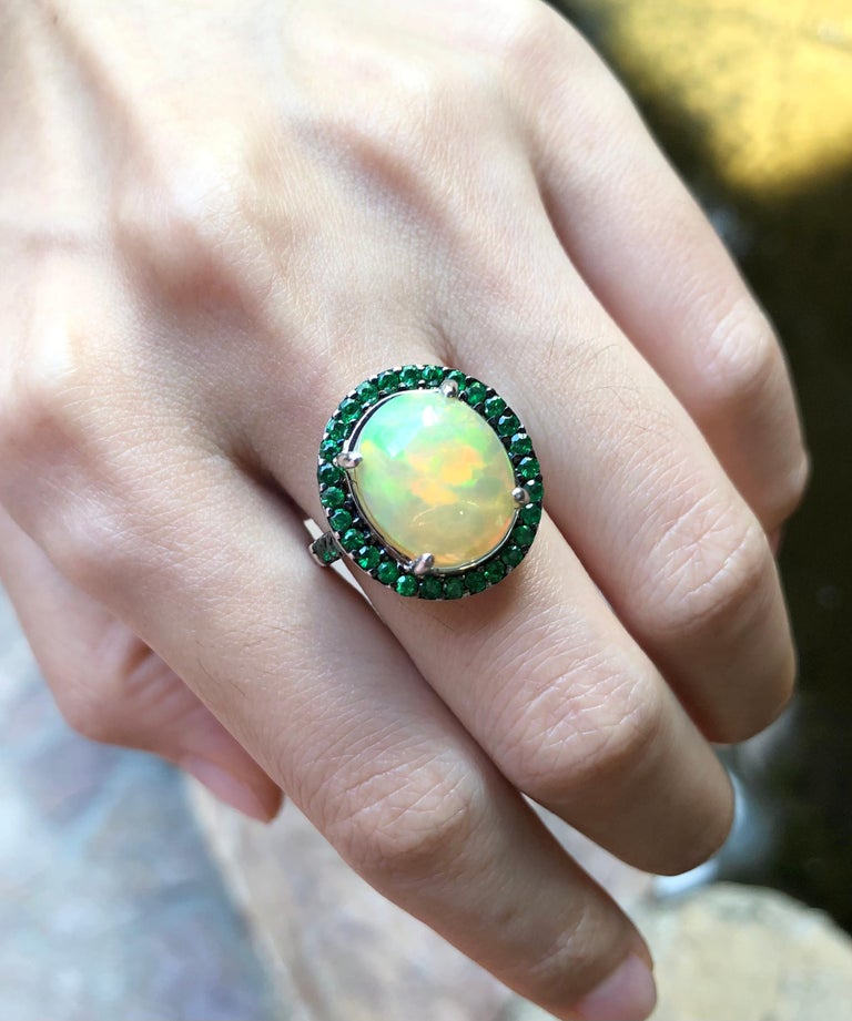 SJ1352 - Opal 3.84 Carats with Tsavorite 0.96 Carat Ring Set in 18 Karat White Gold Setti