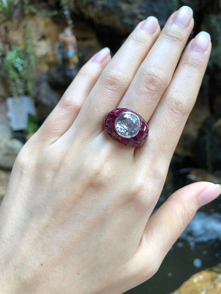SJ6162 - White Sapphire with Ruby Ring Set in 18 Karat White Gold Settings