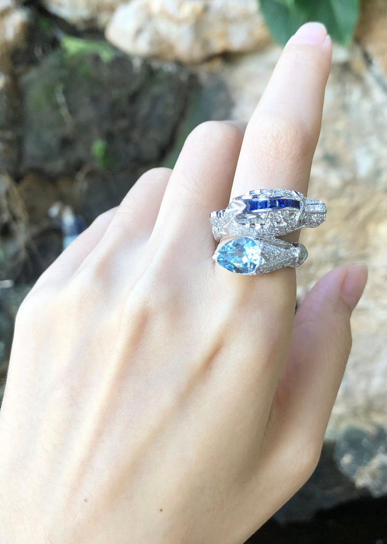 SJ1166 - Aquamarine, Blue Sapphire and Diamond Dragon Ring in 18 Karat White Gold