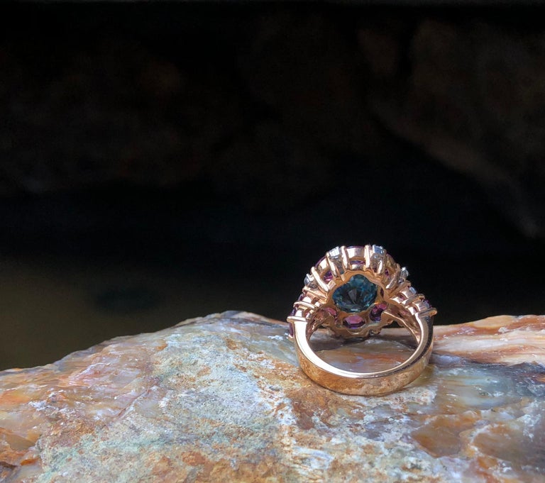 SJ3008 - Blue Zircon, Garnet with Diamond Ring Set in 18 Karat Rose Gold Settings