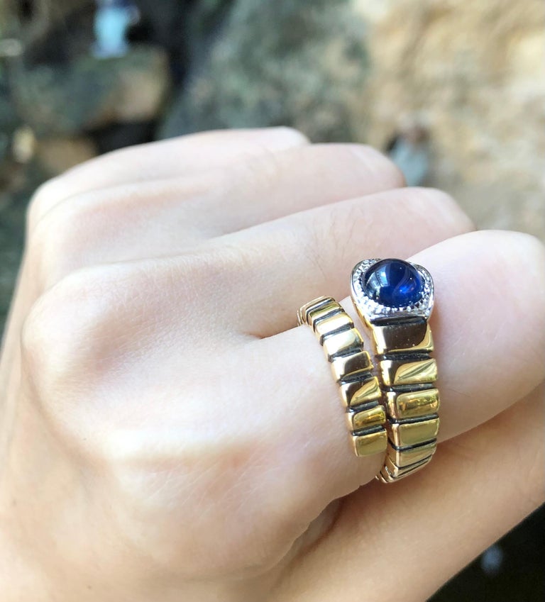 JR13324Z - Cabochon Blue Sapphire & Diamond Serpent Ring Set in 18 Karat Gold Settings