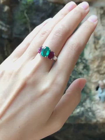 JR0865R - Emerald & Ruby Ring Set in 18 Karat White Gold Setting