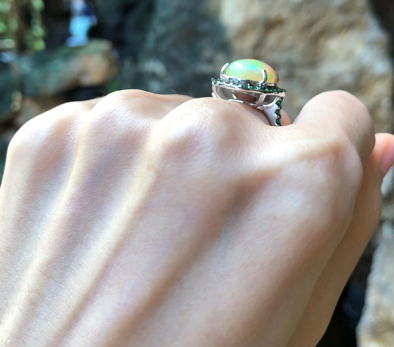 SJ1352 - Opal 3.84 Carats with Tsavorite 0.96 Carat Ring Set in 18 Karat White Gold Setti