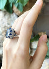 SJ3083 - White Topaz, Cabochon Blue Sapphire with Cubic Zirconia Ring in Silver Settings