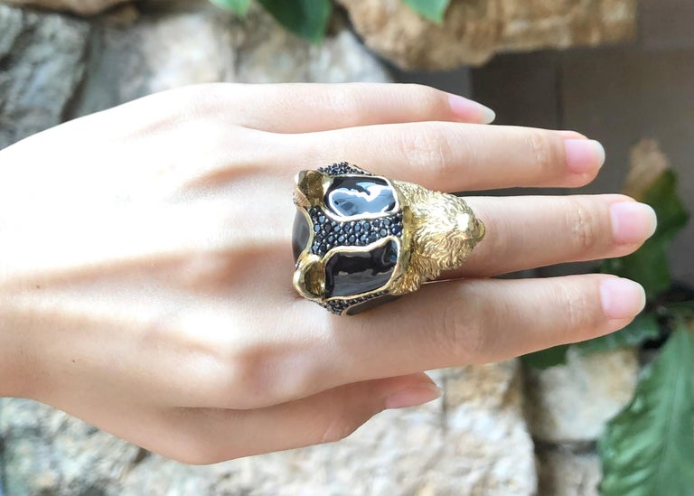 SJ3044 - Black Sapphire, Cabochon Ruby and Onyx Dog Ring set in Silver Settings