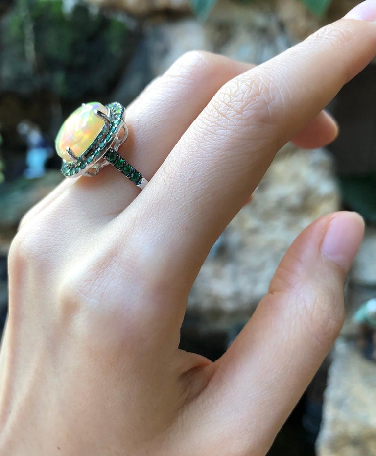 SJ1352 - Opal 3.84 Carats with Tsavorite 0.96 Carat Ring Set in 18 Karat White Gold Setti