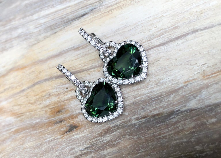 SJ1646 - Heart Shape Green Tourmaline with Diamond Earrings Set in 18 Karat White Gold