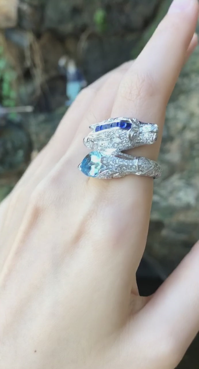 SJ1166 - Aquamarine, Blue Sapphire and Diamond Dragon Ring in 18 Karat White Gold