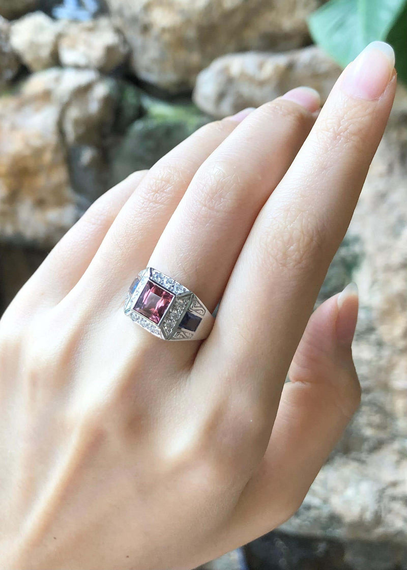 SJ3243 - Pink Tourmaline, Blue Sapphire and Diamond Ring in 18 Karat White Gold Settings