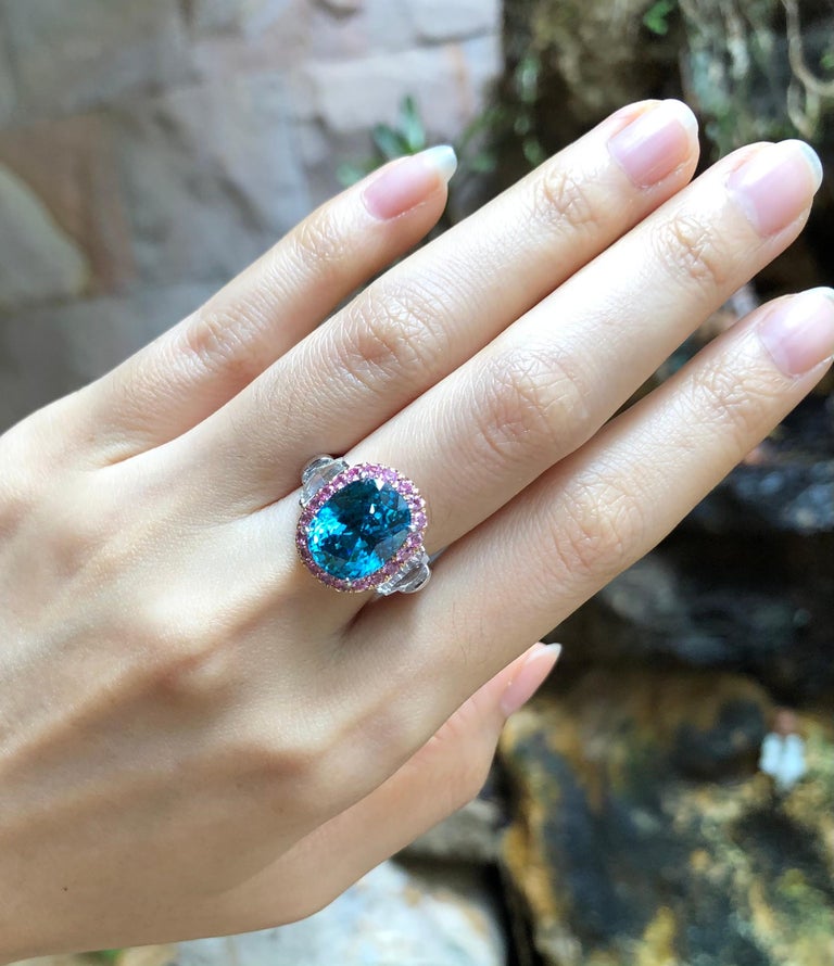 SJ1449 - Blue Zircon with Pink Sapphire, White Sapphire Ring set in 18 Karat White Gold
