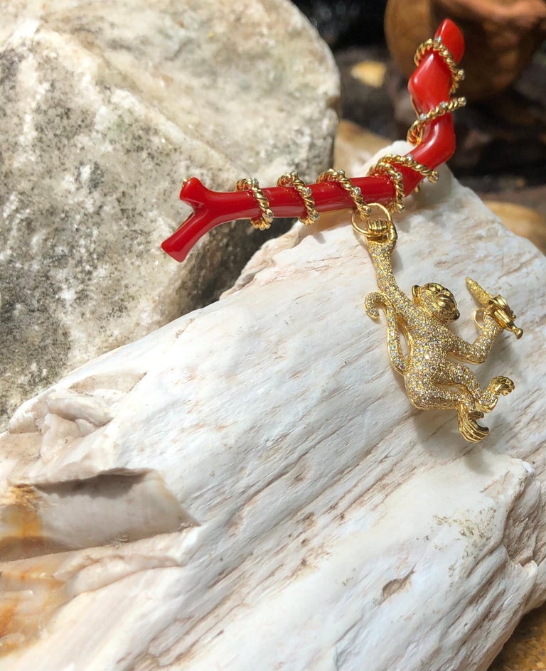 SJ1409 - Coral with Yellow Diamond and Brown Diamond Monkey Brooch Set in 18 Karat Gold