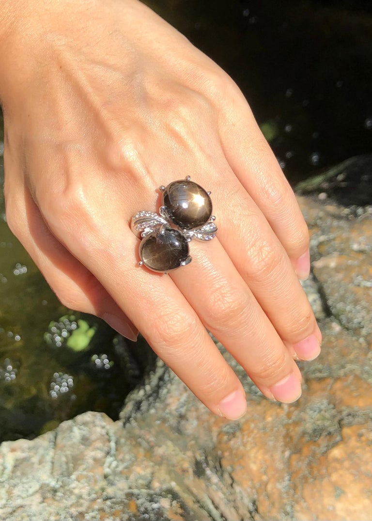 SJ3063 - Black Star Sapphire & Cubic Zirconia Ring set in Silver Settings
