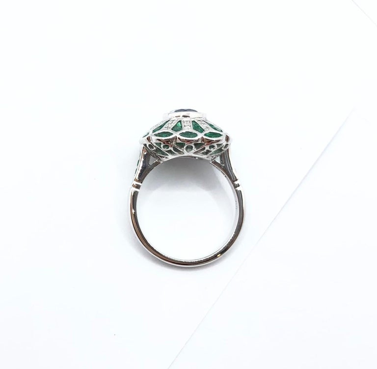SJ1167 - Blue Sapphire with Emerald and Diamond Ring Set in 18 Karat White Gold Settings