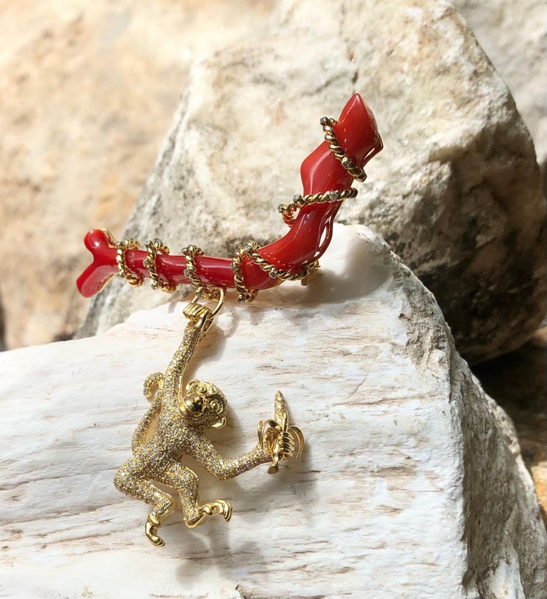 SJ1409 - Coral with Yellow Diamond and Brown Diamond Monkey Brooch Set in 18 Karat Gold