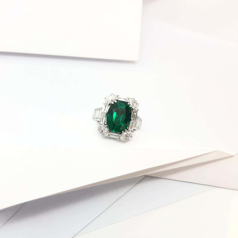 SJ6265 - Certified 4cts Zambian Emerald with Diamond Ring Set in 18 Karat White Gold
