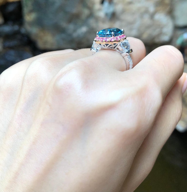 SJ1449 - Blue Zircon with Pink Sapphire, White Sapphire Ring set in 18 Karat White Gold