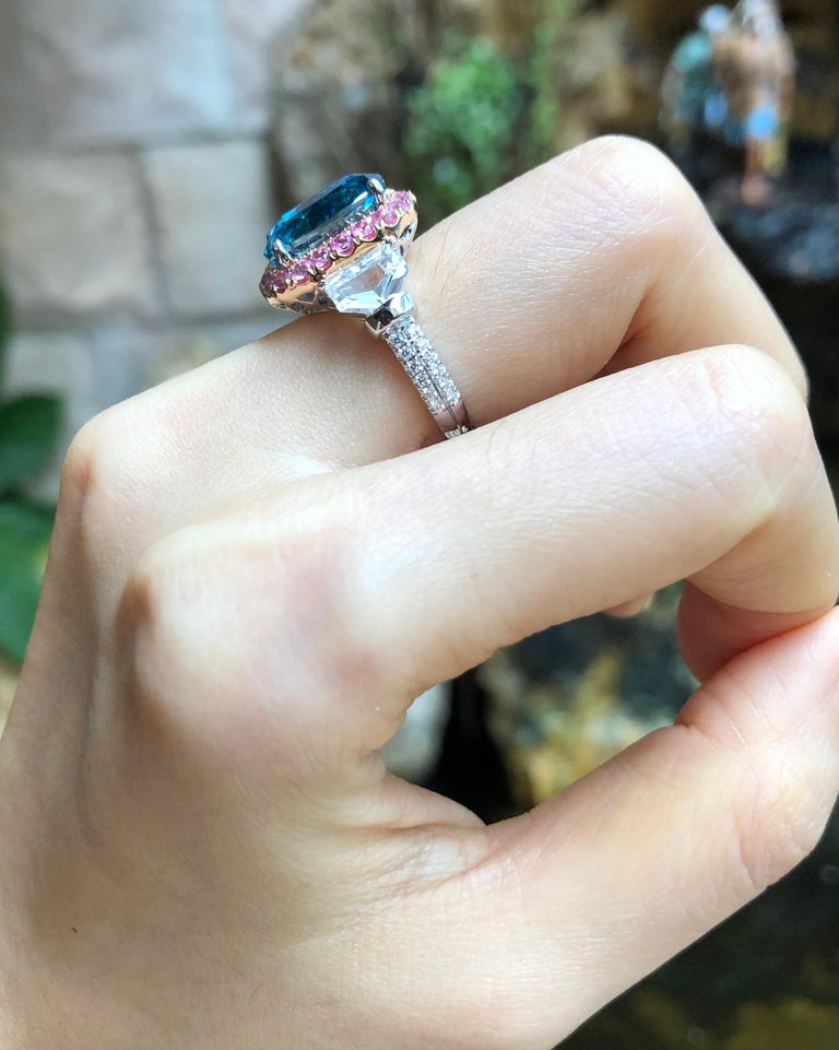 SJ1449 - Blue Zircon with Pink Sapphire, White Sapphire Ring set in 18 Karat White Gold