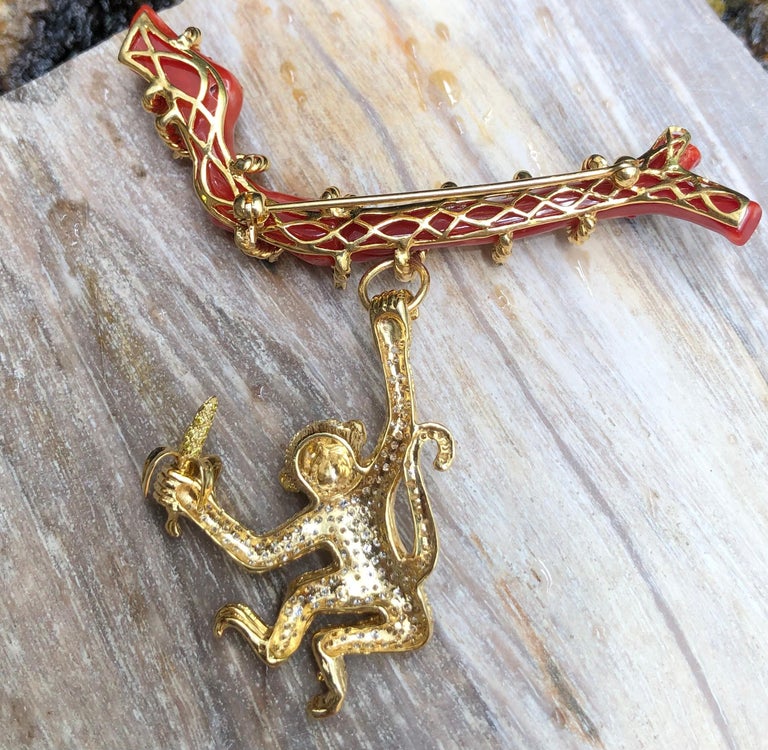 SJ1409 - Coral with Yellow Diamond and Brown Diamond Monkey Brooch Set in 18 Karat Gold