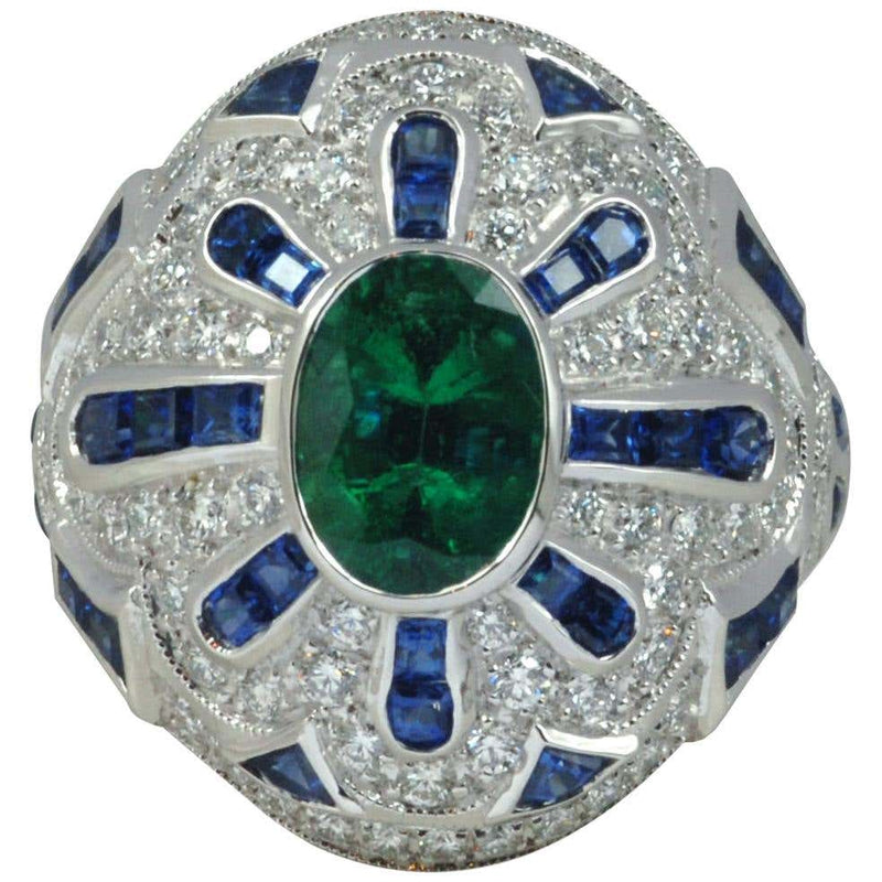 SJ2455 - Emerald, Blue Sapphire with Diamond Ring in 18 Karat White Gold Settings