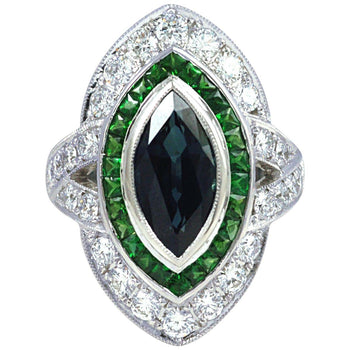 SJ6248 - Marquise Blue Sapphire, Tsavorite, Diamond 1.24 Carat Ring in 18K Gold Settings