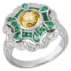 JR7034Z - Yellow Sapphire, Emerald & Diamond Ring Set in 18 Karat White Gold Setting