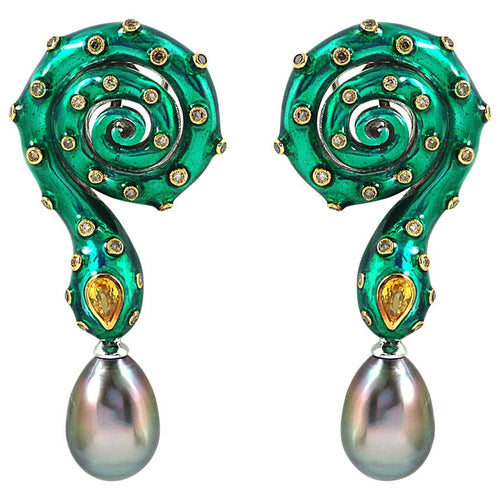 JED4871 - Tahitian South Sea Pearl, Yellow Sapphire & Brown Diamond Snake Earrings in 18K White Gold
