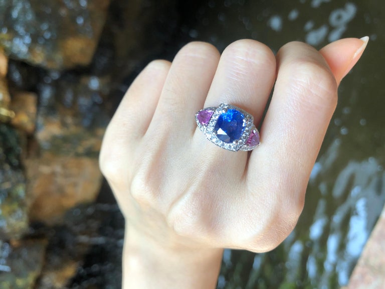 SJ1667 - Blue Sapphire with Pink Sapphire and Diamond Ring Set in 18 Karat White Gold