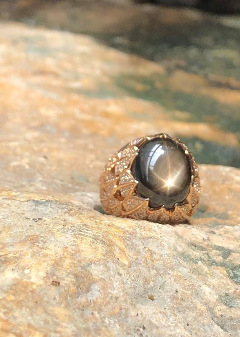 SJ1847 - Black Star Sapphire with Brown Diamond Ring Set in 18 Karat Rose Gold Settings