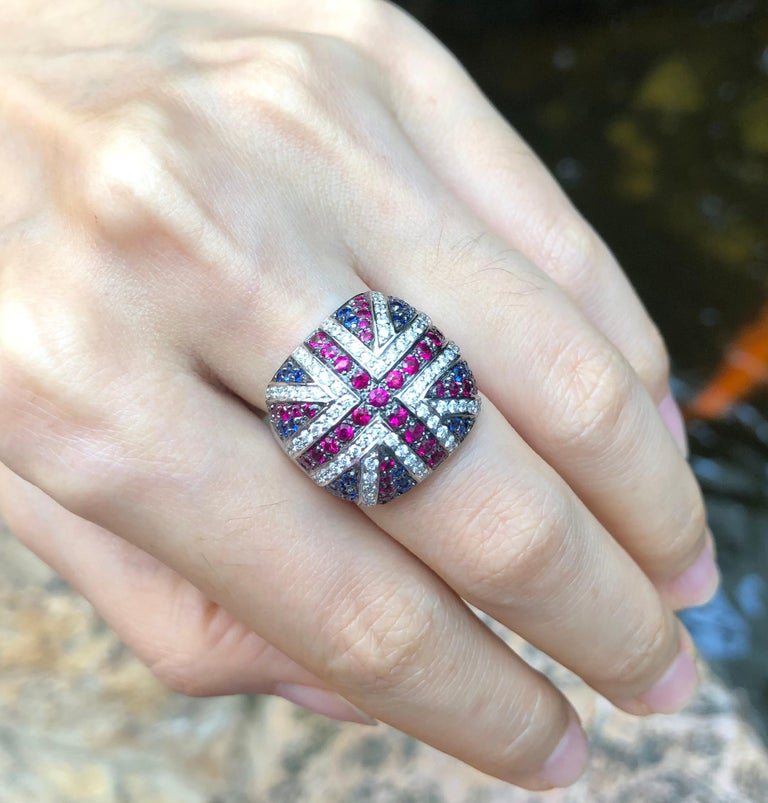 SJ1790 - Blue Sapphire, Ruby and Diamond British Flag Ring in 18 Karat White Gold