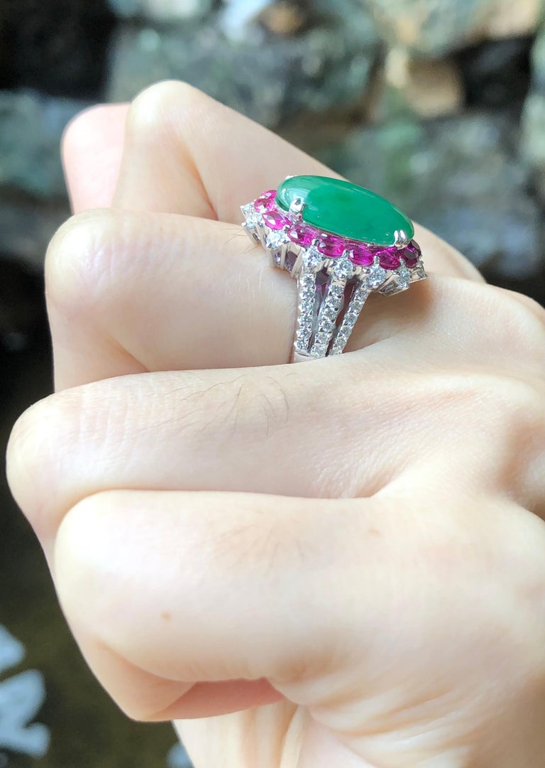 SJ1266 - Jade with Ruby and Diamond Ring Set in 18 Karat White Gold Settings