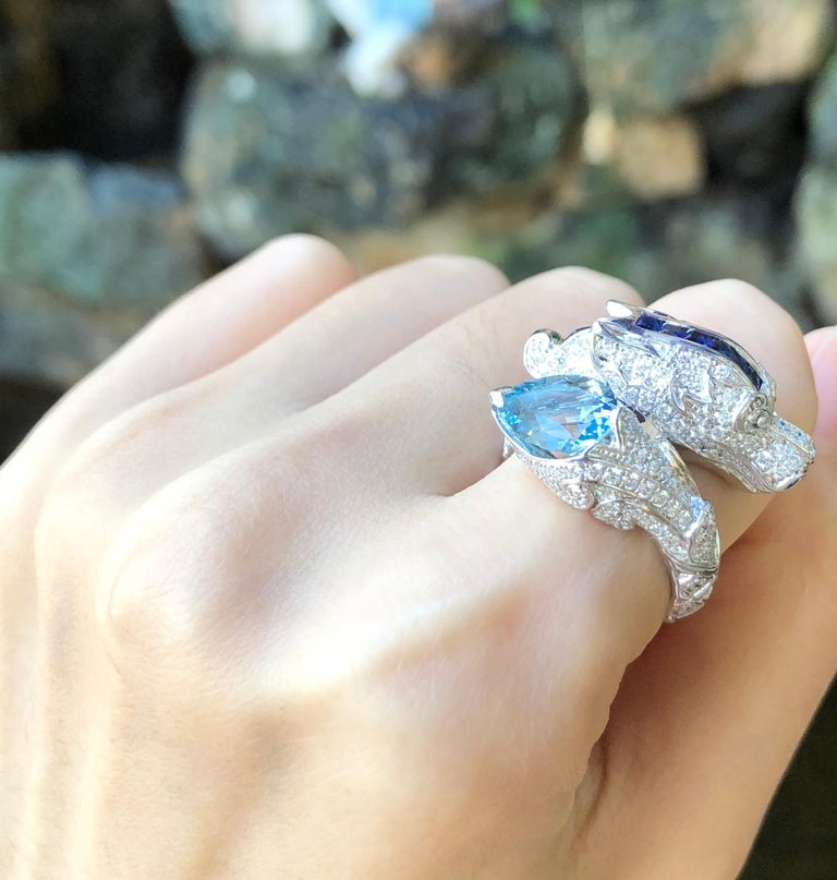 SJ1166 - Aquamarine, Blue Sapphire and Diamond Dragon Ring in 18 Karat White Gold