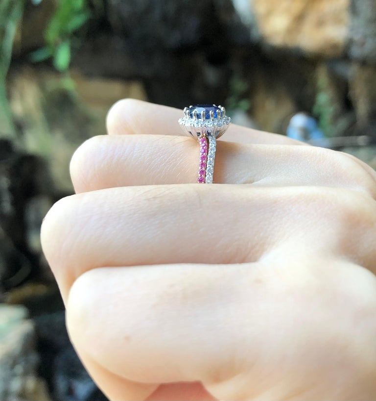 SJ2905 - Blue Sapphire, Pink Sapphire and Diamond Engagement Ring Set in 18K White Gold