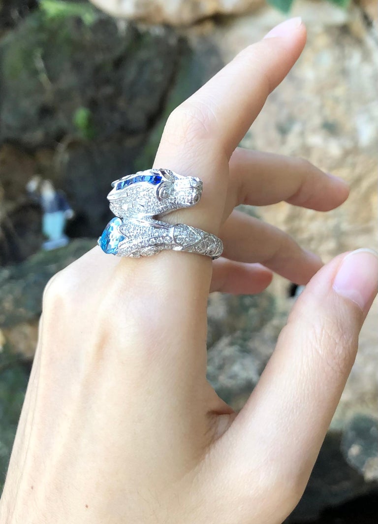 SJ1166 - Aquamarine, Blue Sapphire and Diamond Dragon Ring in 18 Karat White Gold