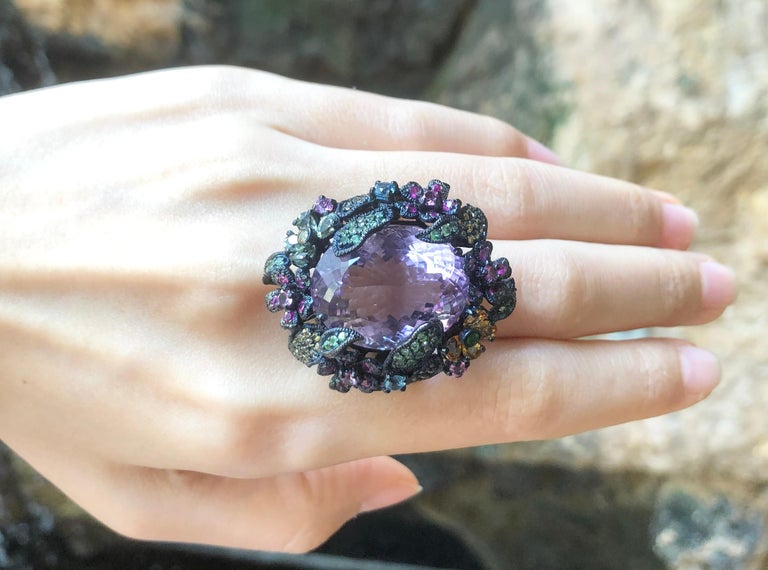 SJ3203 - Amethyst and Multi-Color Sapphire, Tsavorite Ring set in Silver Settings