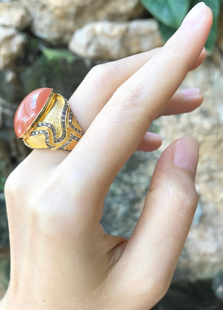 SJ1153 - Moonstone with Brown Diamond Ring Set in 18 Karat Gold Settings