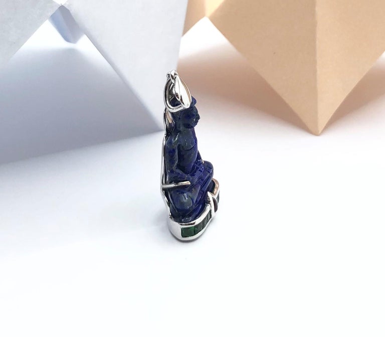 JP0298R- Lapiz Lazuli with Tsavorite and Cabochon Ruby Buddha Pendant in 18K White Gold