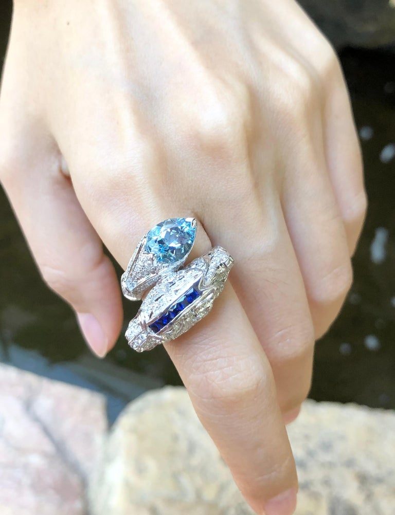 SJ1166 - Aquamarine, Blue Sapphire and Diamond Dragon Ring in 18 Karat White Gold