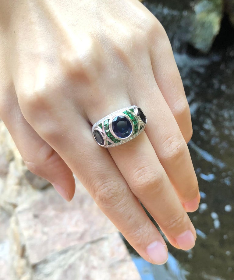 SJ1148 - Blue Sapphire, Tsavorite and Diamond Ring Set in 18 Karat White Gold Settings