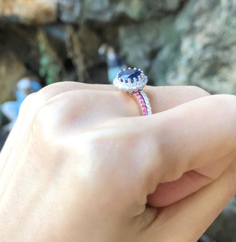 SJ2905 - Blue Sapphire, Pink Sapphire and Diamond Engagement Ring Set in 18K White Gold